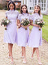 A Line High Neck Knee Length Lilac Chiffon Bridesmaid Dress with Lace LBQB0054